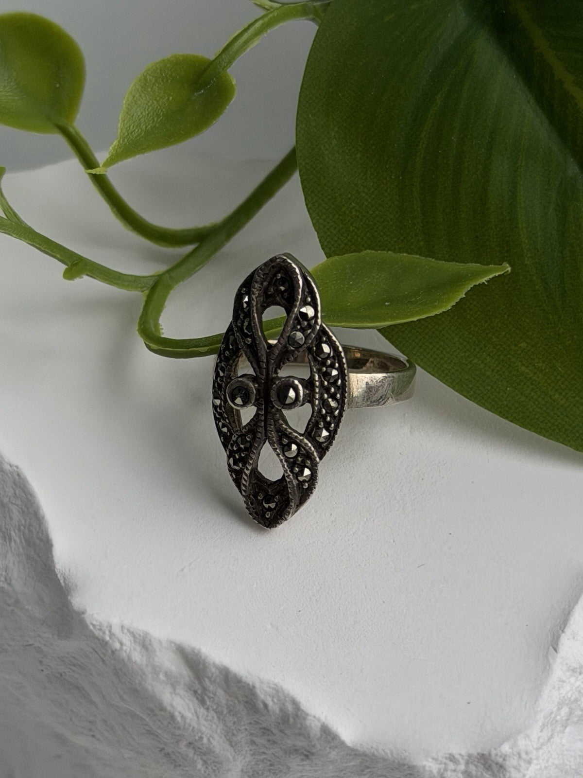 Vintage Filigree 925 Sterling Silver Marcasite Ring Size 6