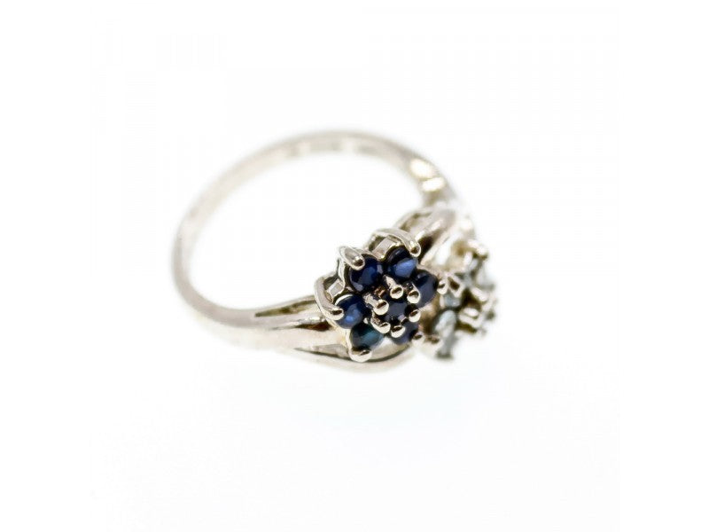 925 Sterling Silver Blue Sapphire & White Topaz "Flowers" Ring Size 7