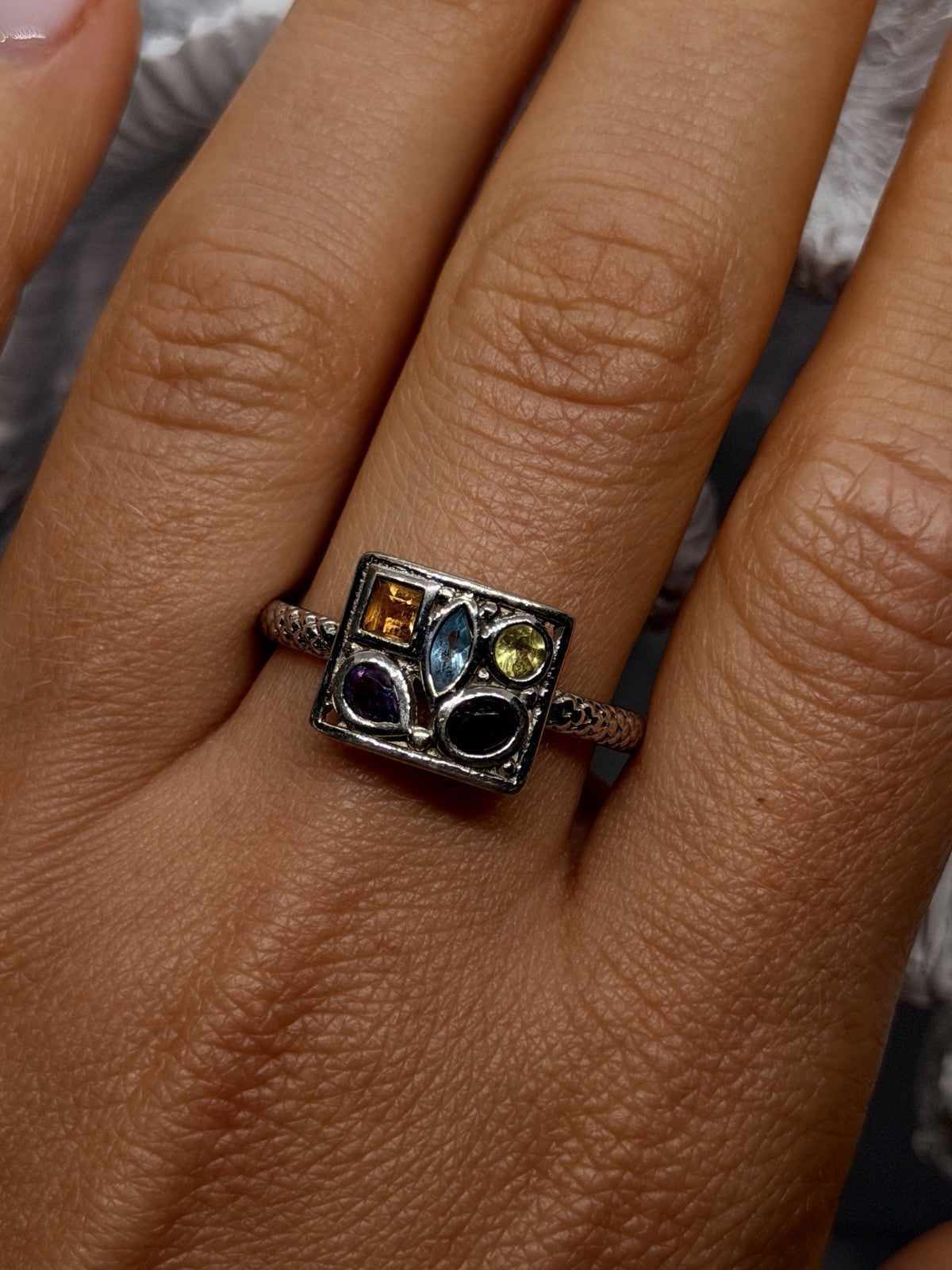 925 Sterling Silver Multi-Gemstone Cluster Ring Size 10