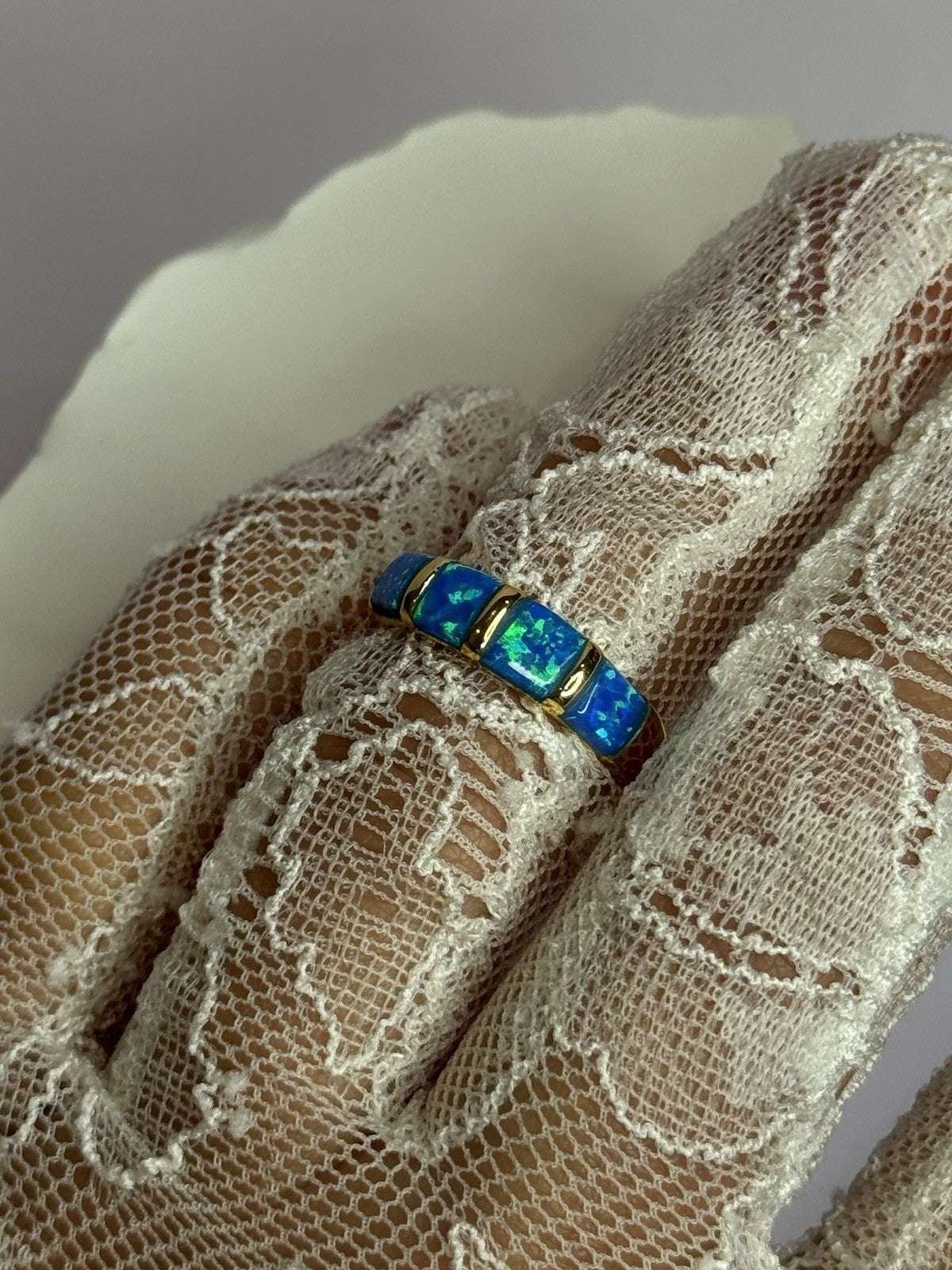 925 Sterling Silver Gold Plated Opal Ring Size 5.5