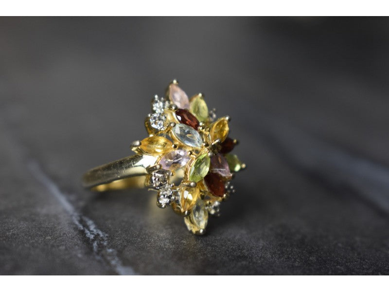 925 Sterling Silver Gold Plated Multi Gemstones Ring Size 6.5