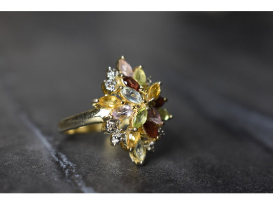 925 Sterling Silver Gold Plated Multi Gemstones Ring Size 6.5