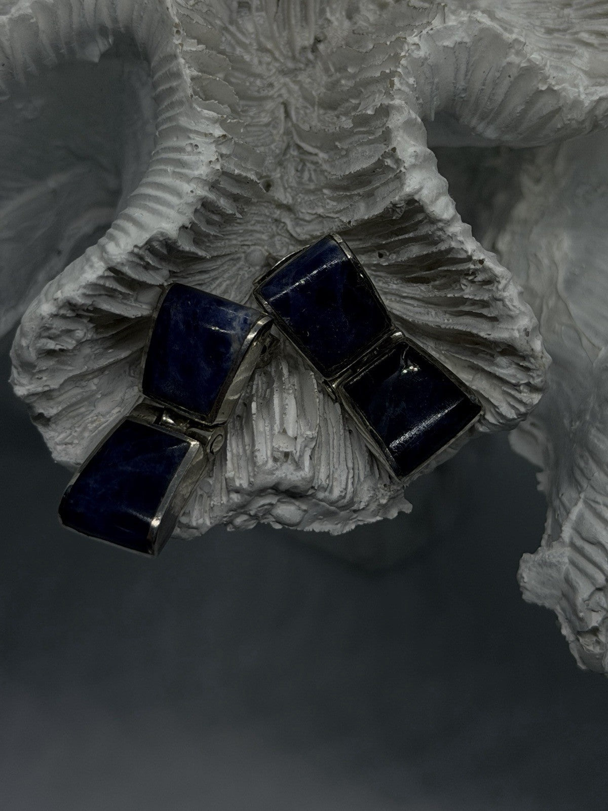 Modernist Design 925 Sterling Silver Sodalite Geometric Hinged Drop Earrings