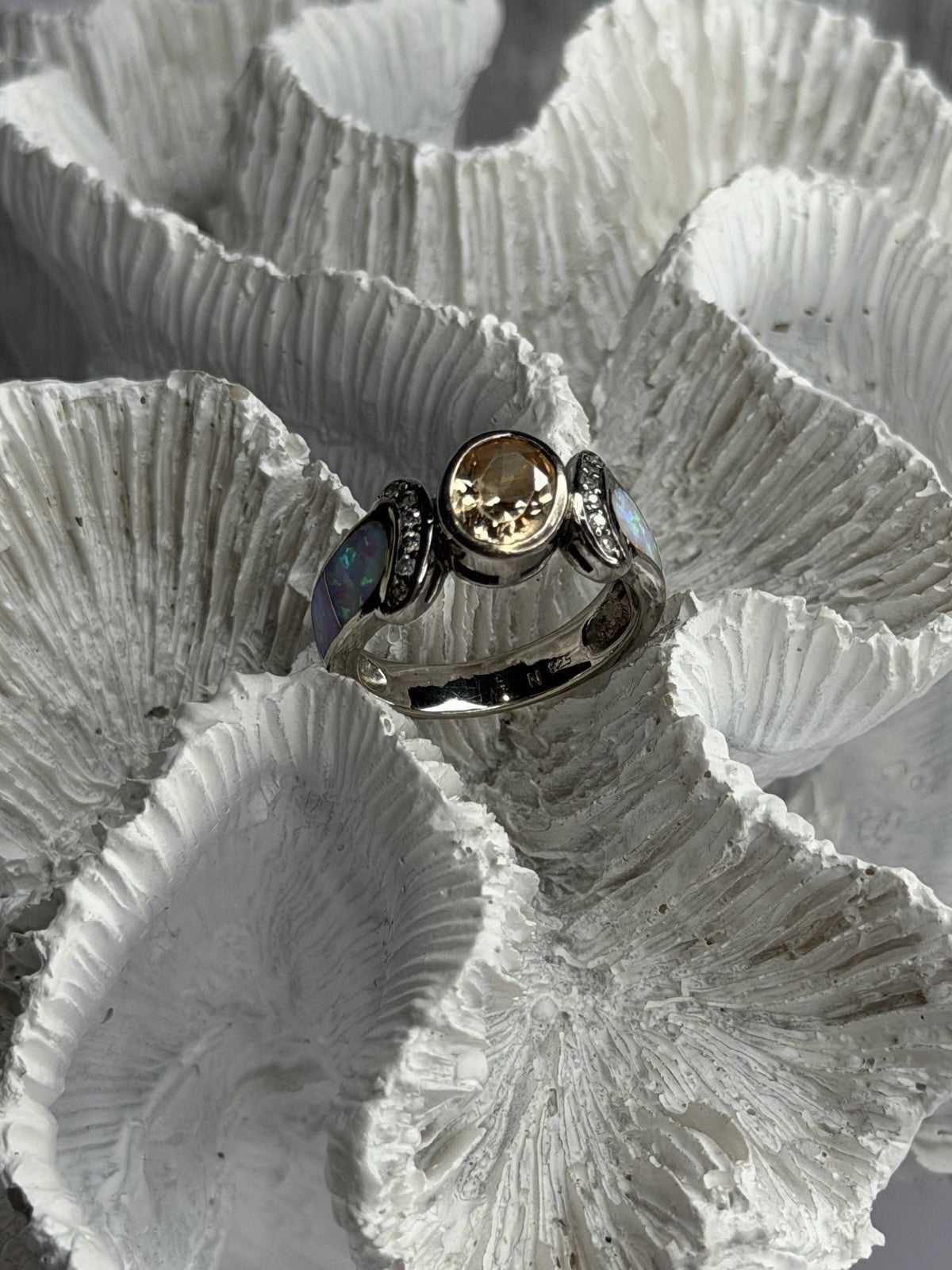 925 Sterling Silver Citrine & Opal & Beryl Ring Size 7