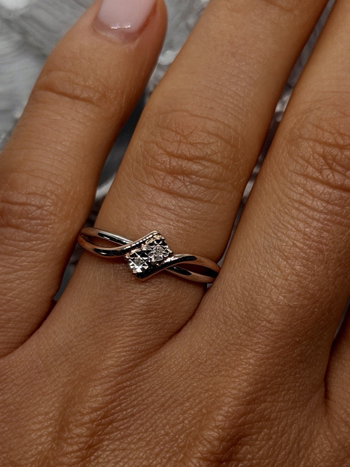 925 Sterling Silver & 14K Rose Gold Plated Part Diamond Ring Size 7