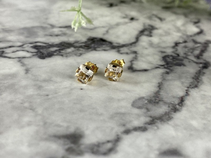 925 Sterling Silver Gold Plated White Topaz Stud Earrings Italy