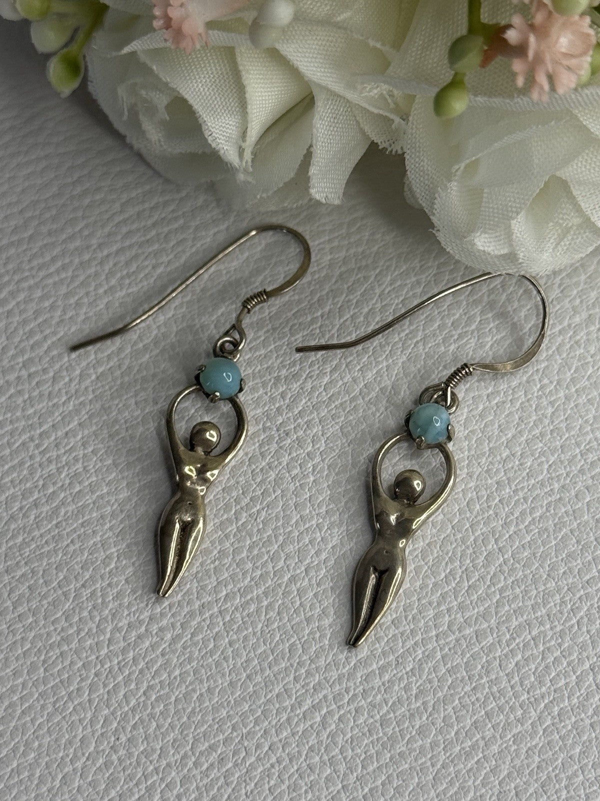 Dancing Girl 925 Sterling Silver Larimar Earrings Length 1.60 Inch