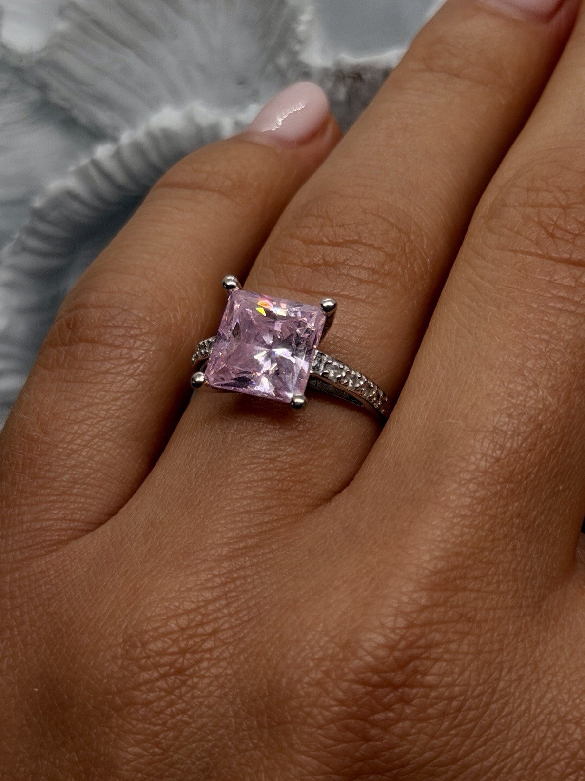 14K White Gold Pink Sapphire & Diamond Ring Size 7