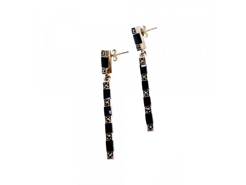 925 Sterling Silver Black Nephrite & Marcasites Earrings
