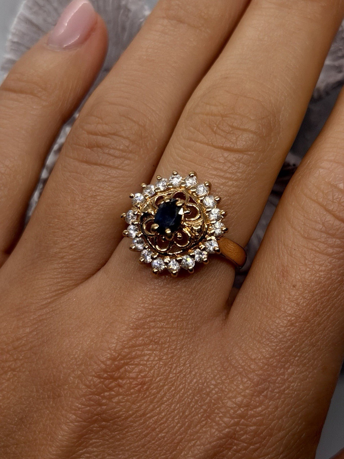 925 Sterling Silver Gold Plated Sapphire & Beryl Stone Ring Size 8