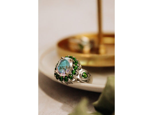 925 Sterling Silver Quartz & Peridot Ring Size 5.5