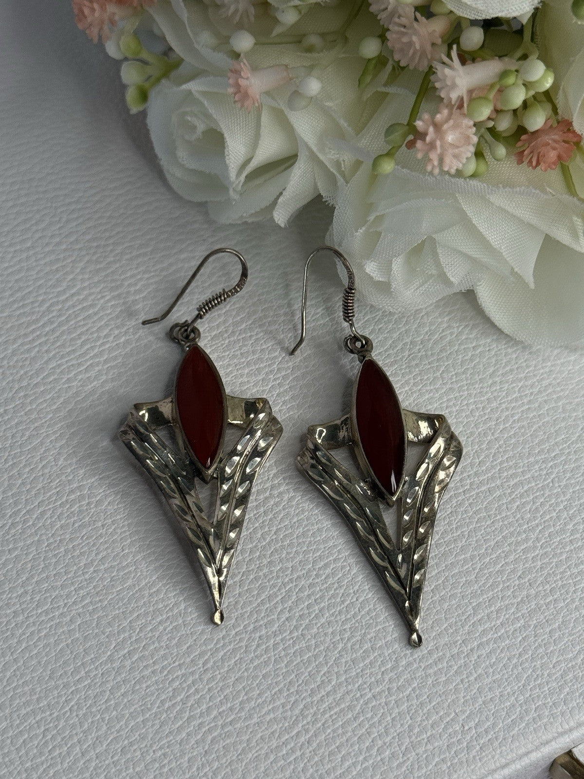 Vintage 925 Sterling Silver Agate Earrings Length 2.60 Inch