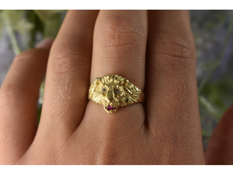 14K Yellow Gold Ruby & Quartz "Lion" Ring Size 8.5