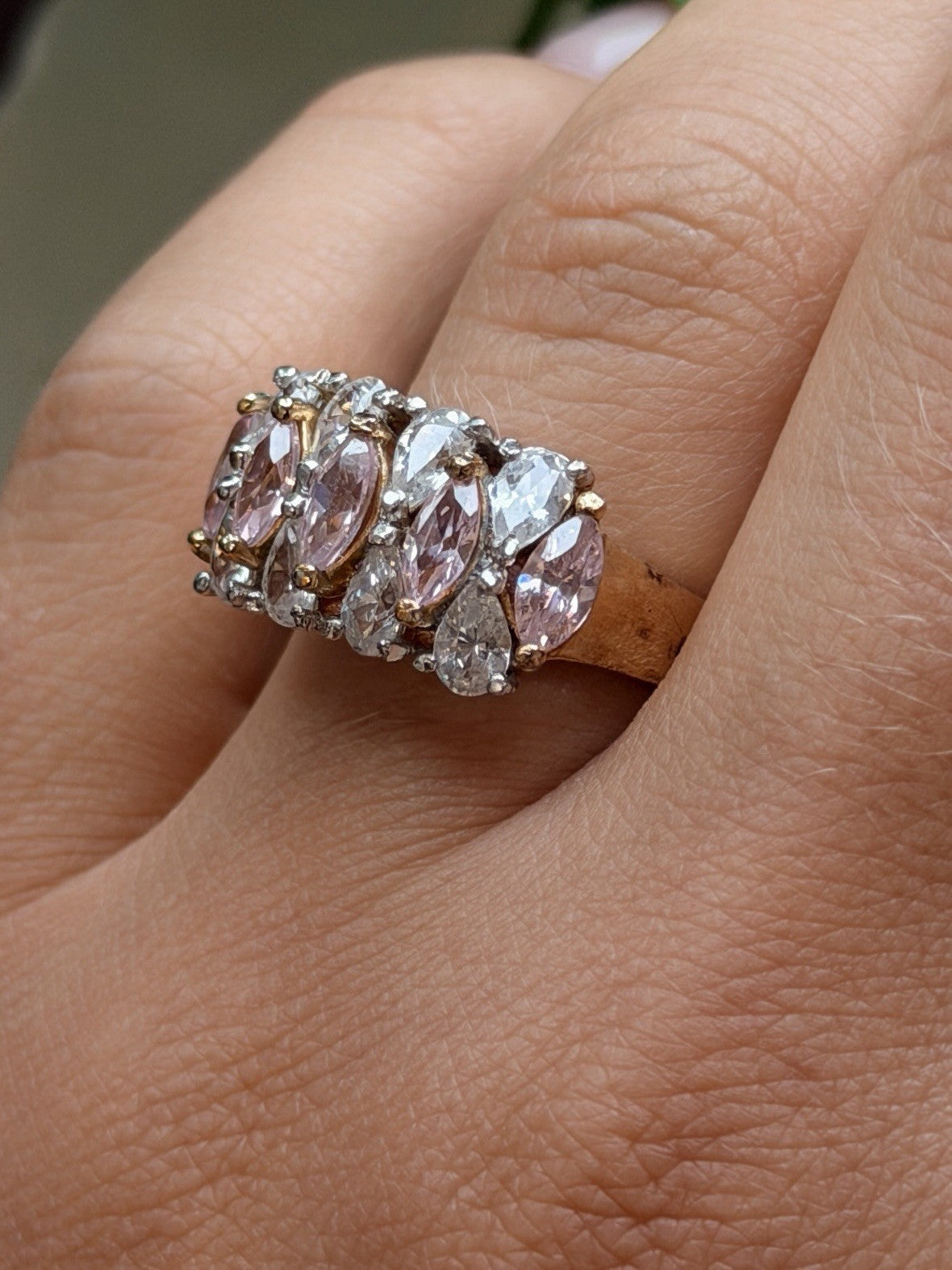 925 Sterling Silver Gold Plated Pink Morganite & White Clear Beryl Ring Size 8