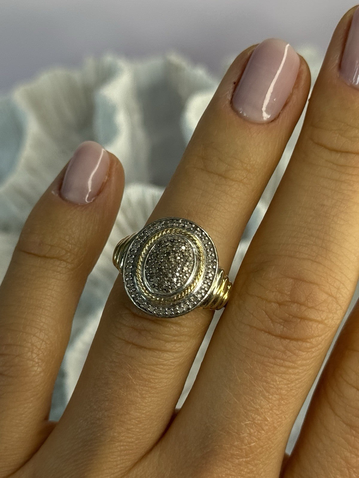 925 Sterling Silver Gold Plated Part Diamond Ring Size 6