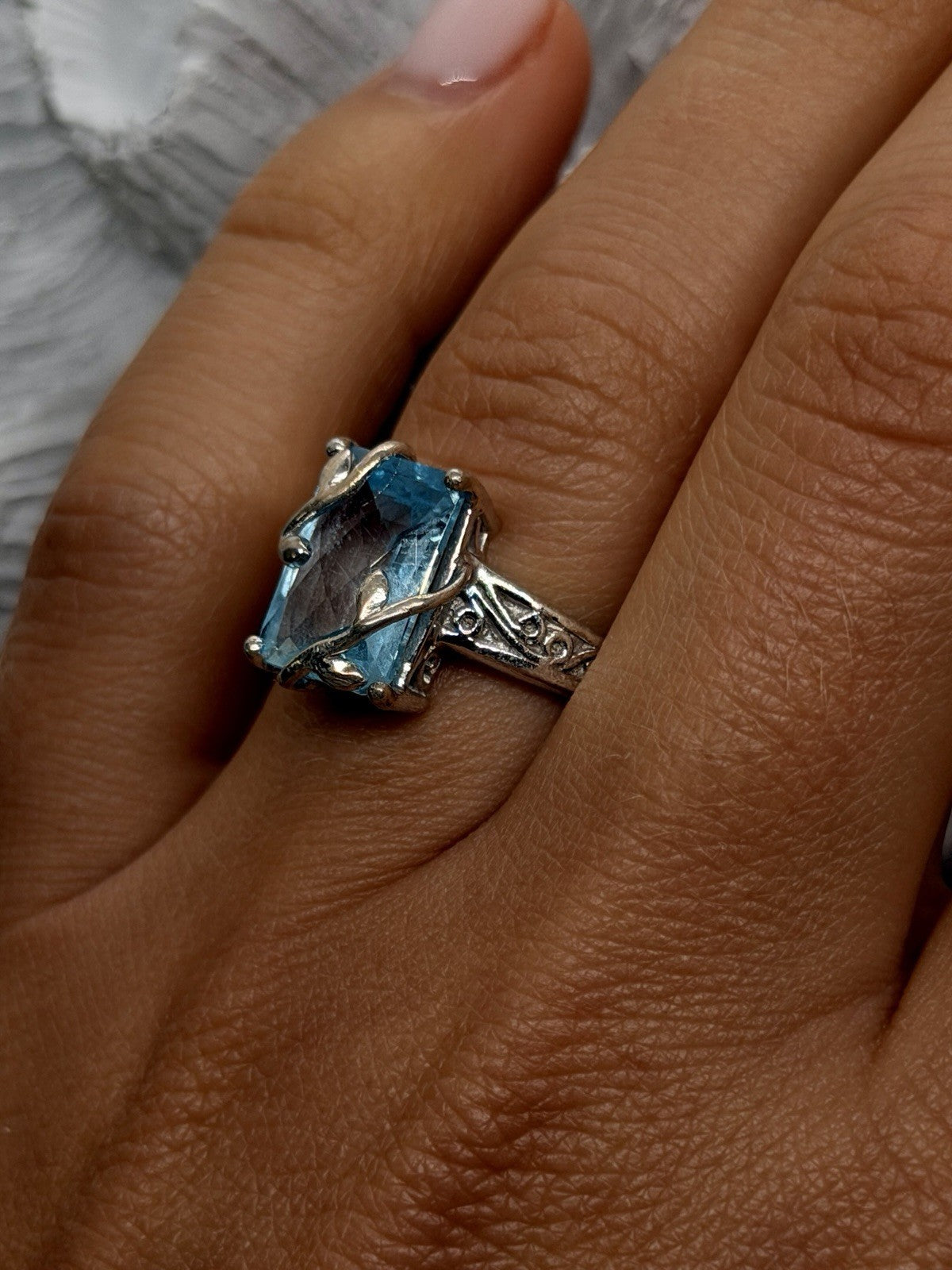 Vine & Leaf Filigree Design 925 Sterling Silver Blue Topaz Ring Size 8