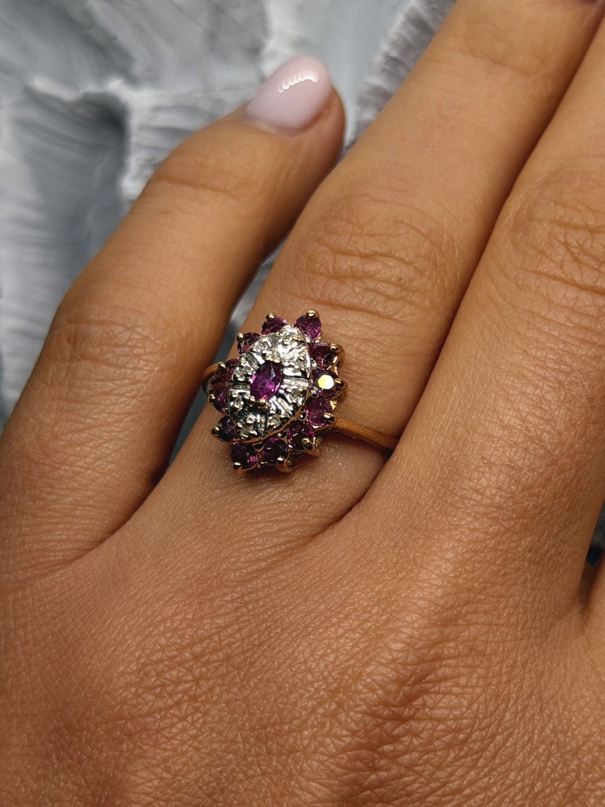 10K Yellow Gold Ruby & Diamond Cocktail Floral Style Ring Size 7.5