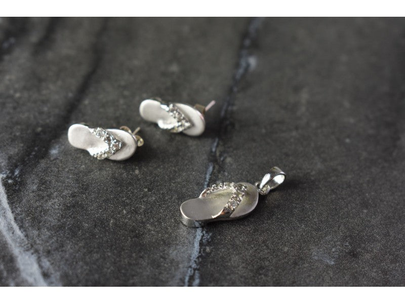 925 Sterling Silver CZ "Flip-Flops" Stud Earrings & Pendant Summer Set
