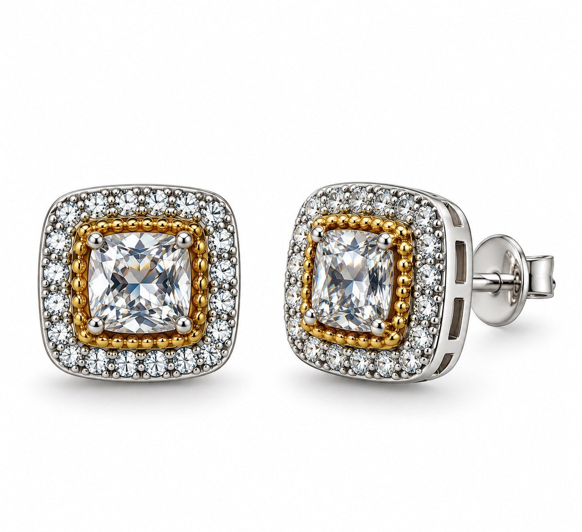 925 Sterling Silver Two-Tone Cushion Cut Halo Stud Cz Earrings Gold Accent