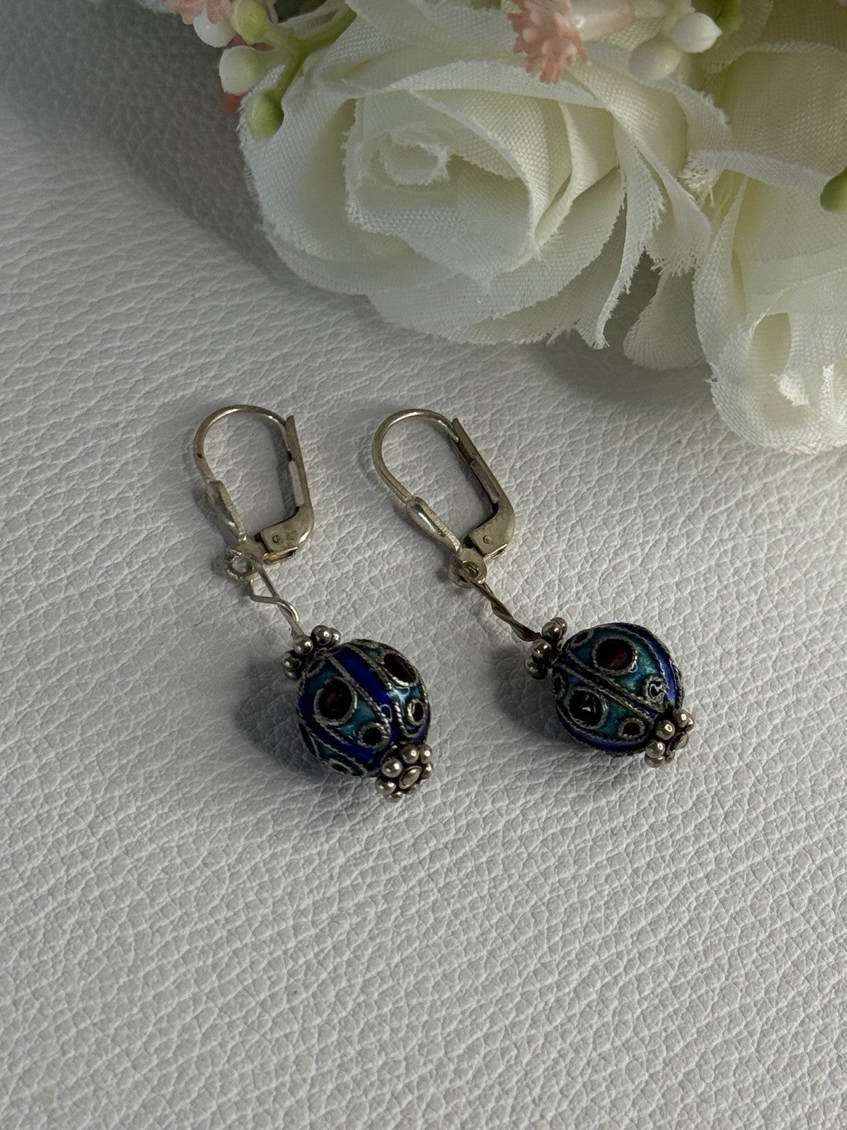 Antique Art Deco 925 Sterling Silver Unique Enamel Earrings Length 1.50 Inch