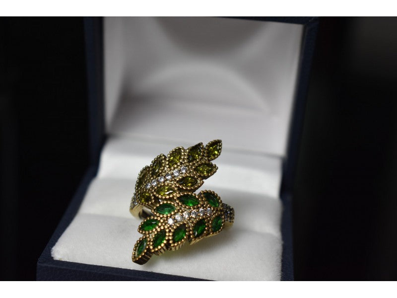 925 Sterling Silver With Gilding Green Alpanite & CZ Ring Size 8.5