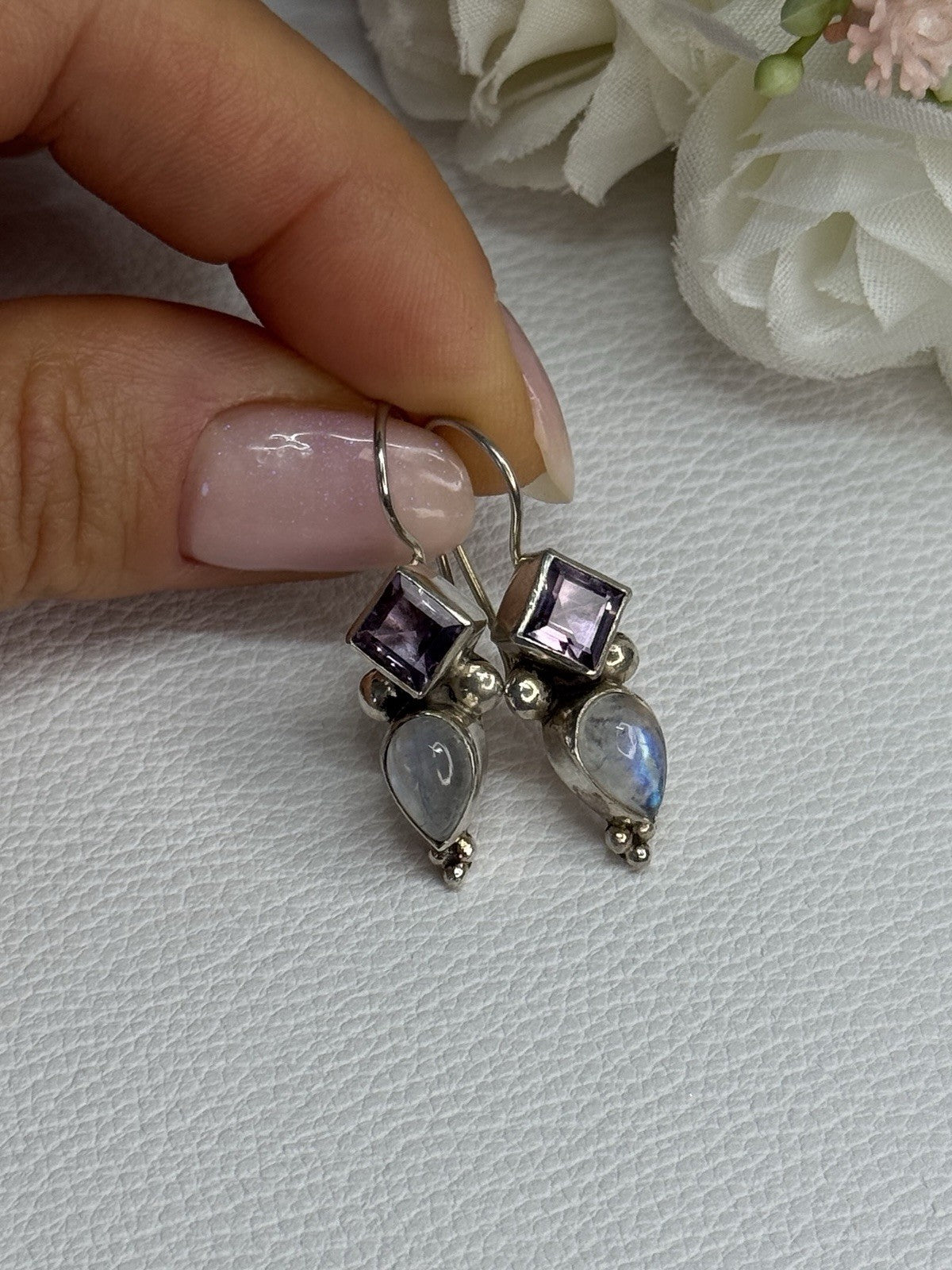 925 Sterling Silver Amethyst & Moonstone Earrings Length 1.30 Inch