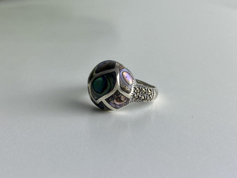 925 Sterling Silver Haliotis & Marcasites Ring Size 8.5