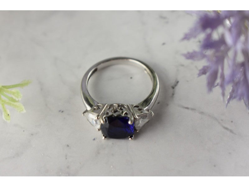 925 Sterling Silver Sapphire & CZ Ring Size 6.5