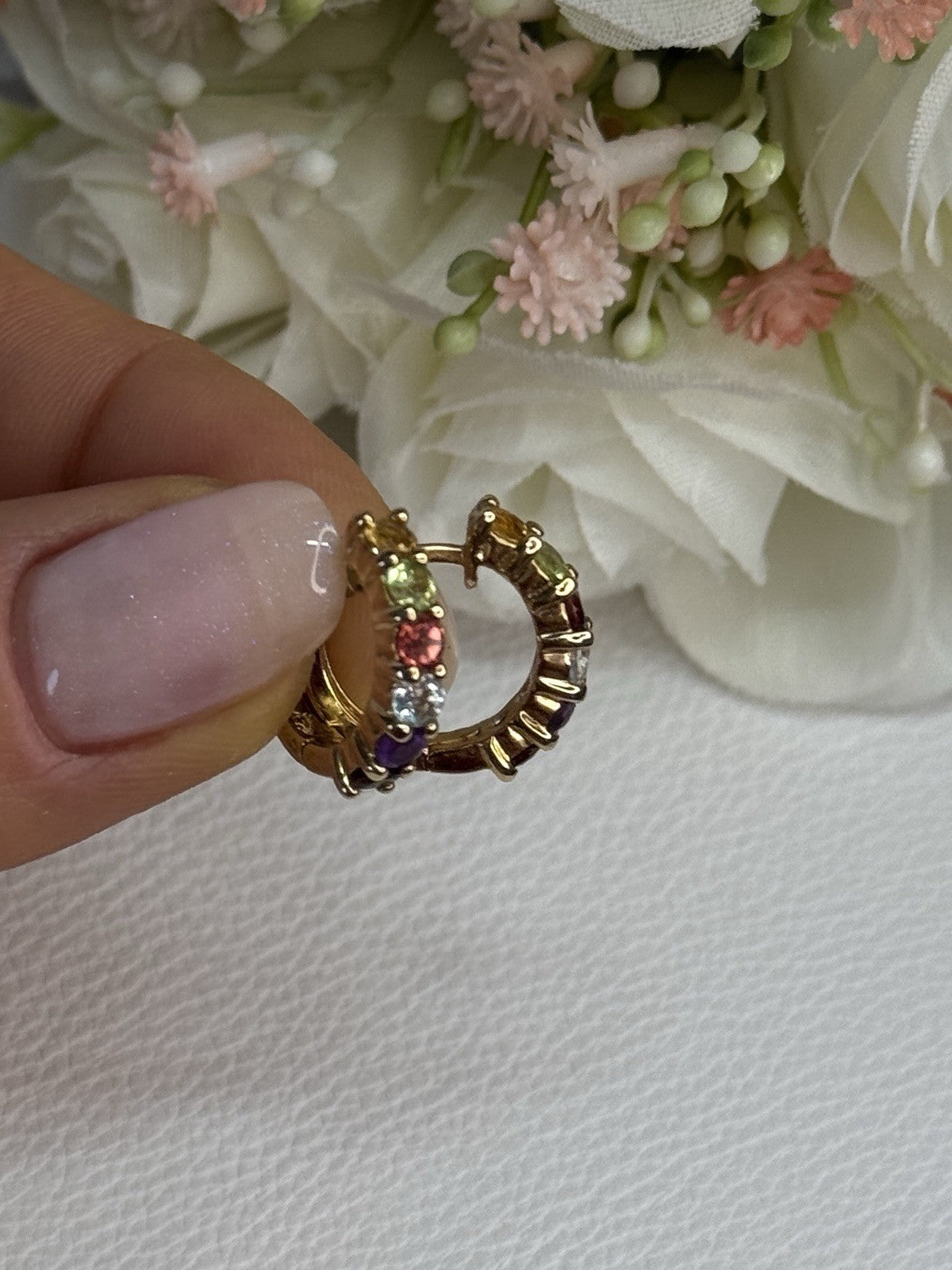 925 Sterling Silver Gold Plated Multicolor Stones Earrings Length 0.62 Inch
