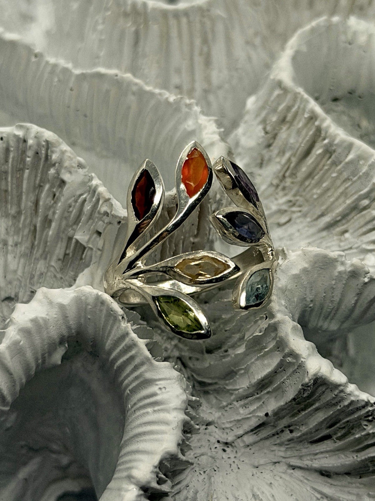 Adjustable 925 Sterling Silver Multi Color Stones Rainbow Ring