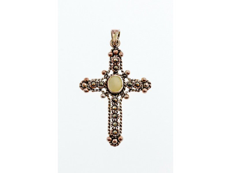 925 Sterling Silver Mother Of Pearl & Marcasites Cross Pendant