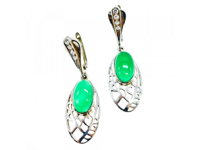 Vintage 925 Sterling Silver Green Agate & CZ Earrings
