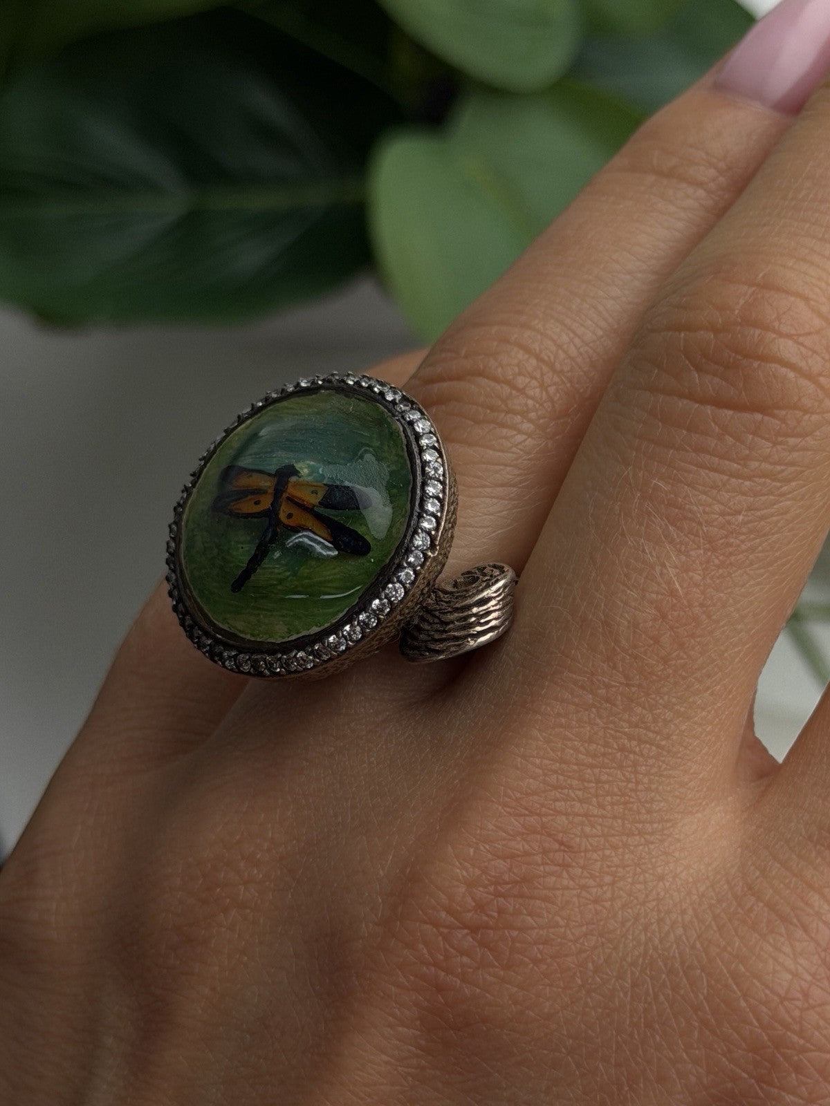 Vintage Nature Art 925 Sterling Silver Dragonfly Resin Ring Size 6.5