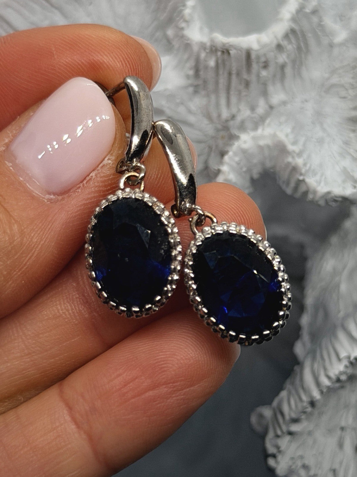 Elegant 925 Sterling Silver Oval Blue Sapphire Drop Earrings