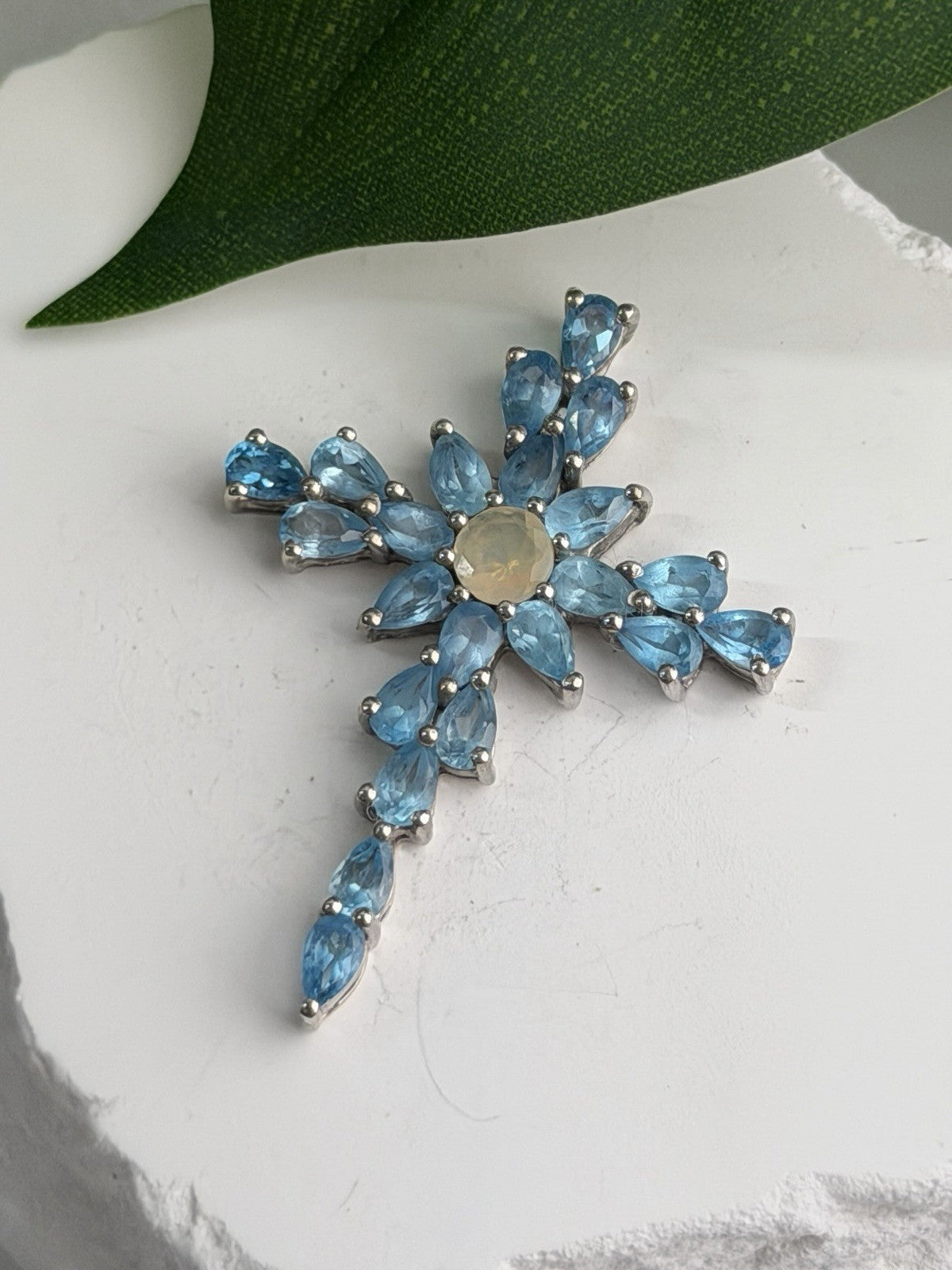 925 Sterling Silver Blue Topaz & Opal Pendant Cross