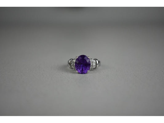 925 Sterling Silver Amethyst & Colorless Topaz Ring Size 6.5