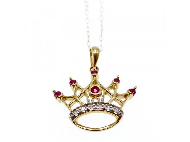 10K Yellow Gold Rubies & Diamonds Crown Chain With Pendant