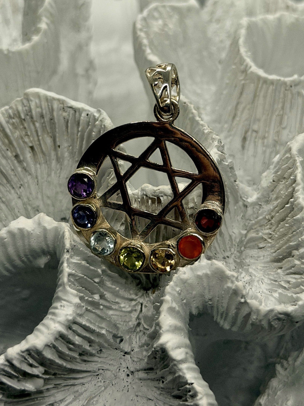 Vintage Sterling Silver Star of David Pendant with Multicolor Gemstones Judaica