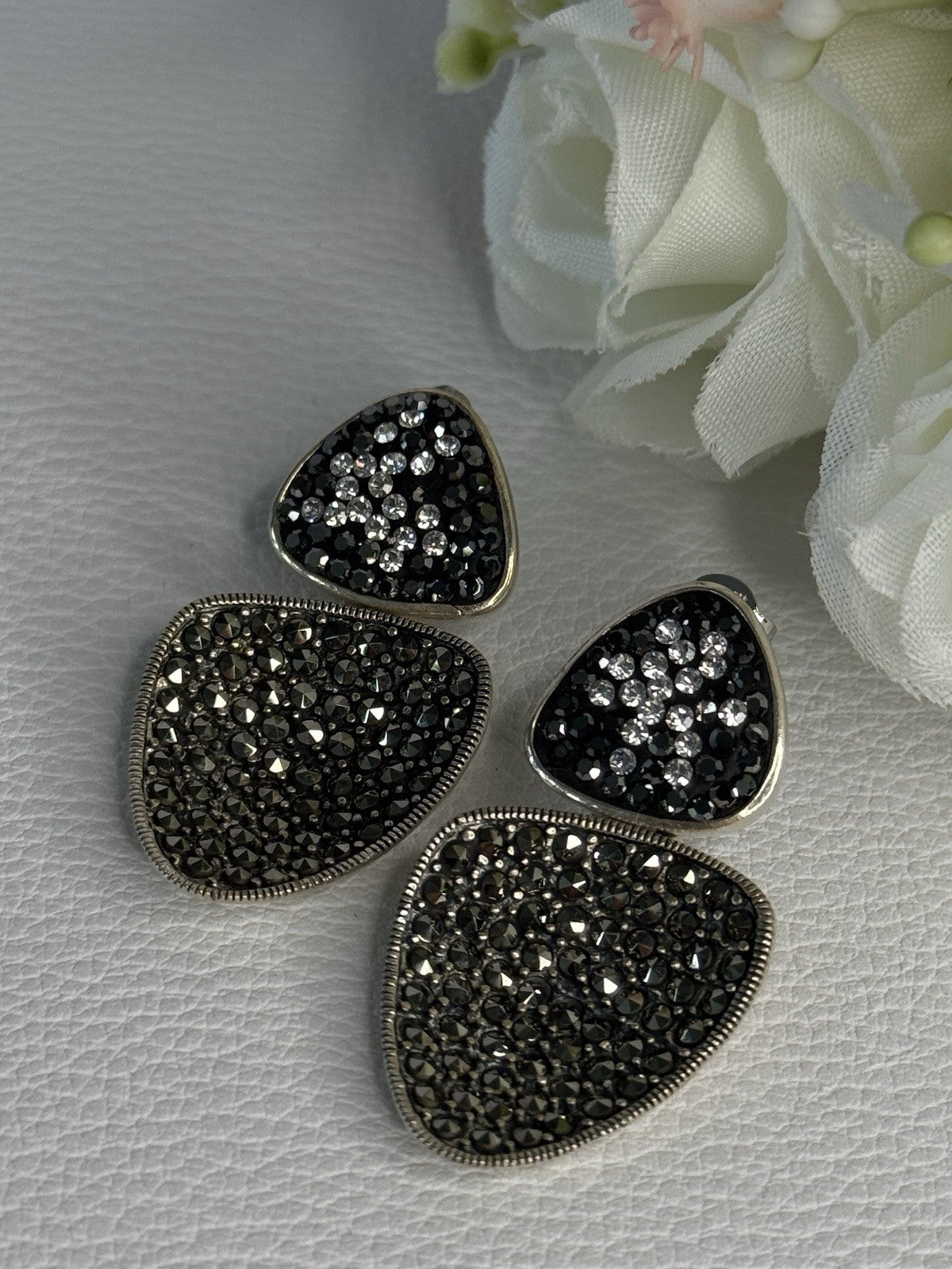 Aesthetic 925 Sterling Silver Marcasite & CZ Earrings Length 1.45 Inch