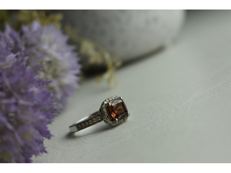 925 Sterling Silver Hessonite & CZ Ring Size 8