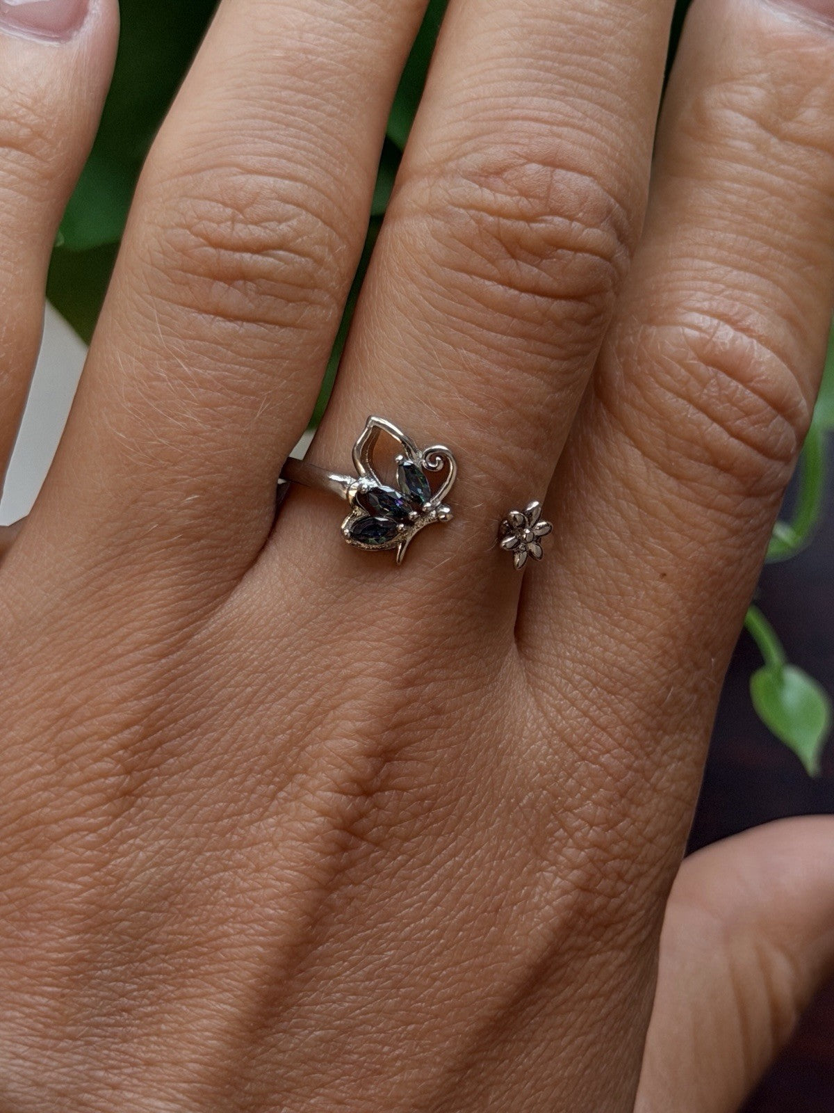 925 Sterling Silver Mystic Topaz Butterfly & Flower Ring Adjustable