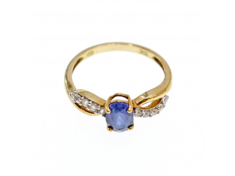 10K Yellow Gold Blue & White Sapphire Ring Size 6.75