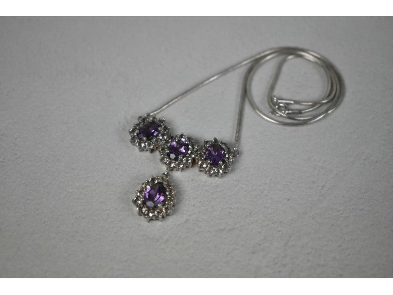 925 Sterling Silver Purple Tourmaline & Colorless Spinel Necklace Italy