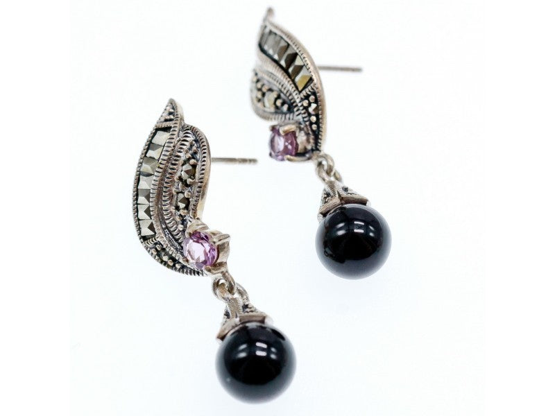 925 Sterling Silver Nephrite, Amethyst & Marcasites Earrings