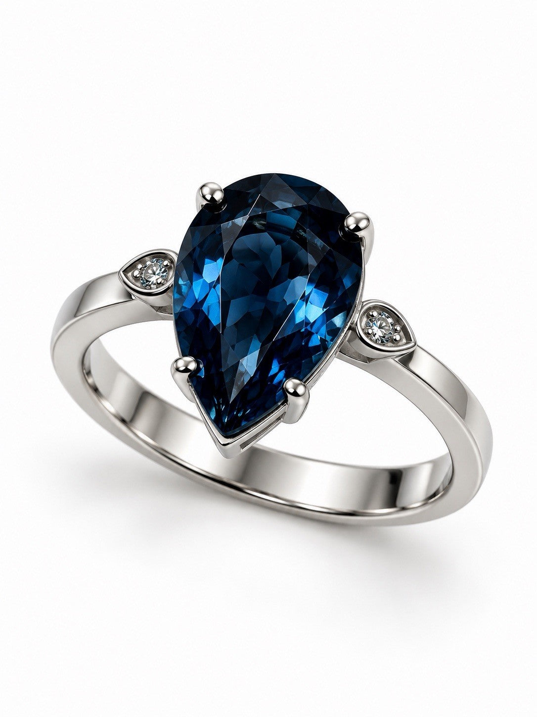925 Sterling Silver London Blue Topaz Pear Cut with Diamond Accent Ring Size 7