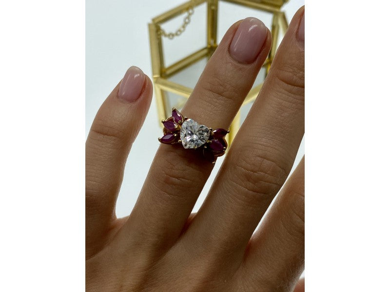 925 Sterling Silver Gold Plated Spinel & CZ "Heart" Ring Size 5.5