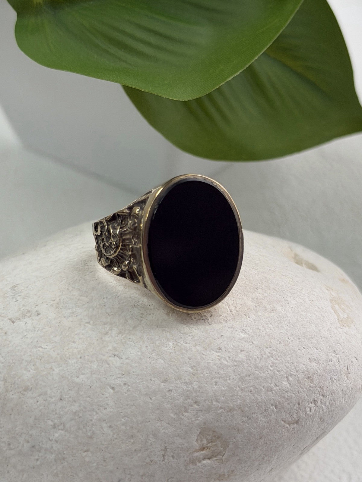Men's 925 Sterling Silver Gold Plated Black Onyx Ring Size 9