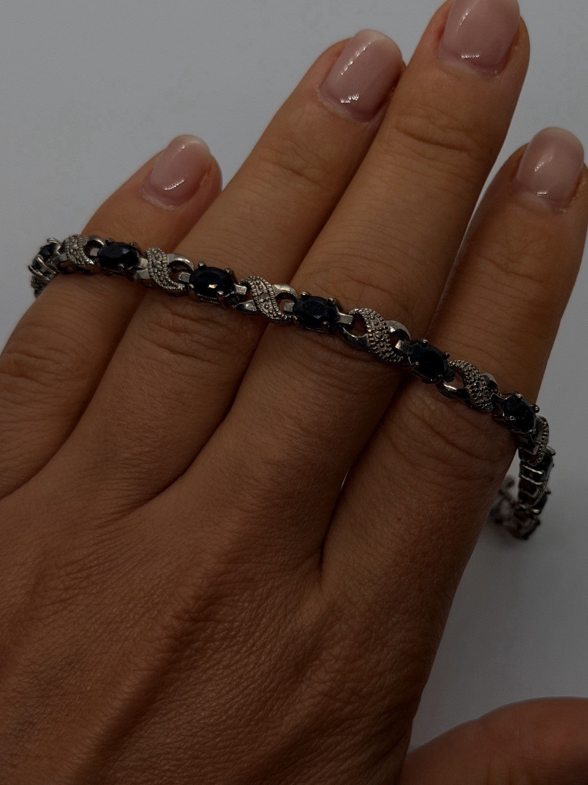 925 Sterling Silver Sapphire Infinity Link Tennis Bracelet Size 8
