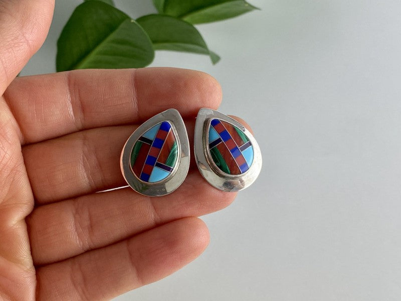 Vintage 925 Sterling Silver Agate Mosaic Stud Earrings