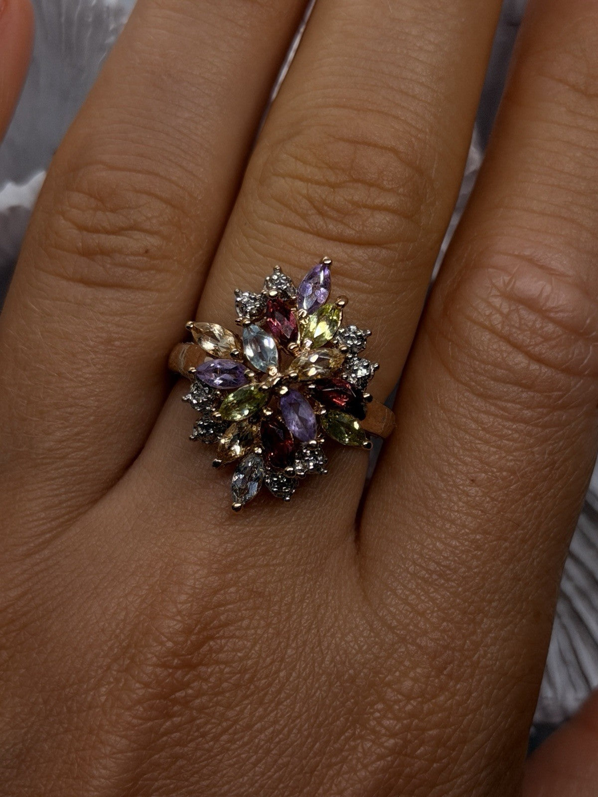925 Sterling Silver Gold Plated Multi-Gemstone Floral Cluster Ring Size 8